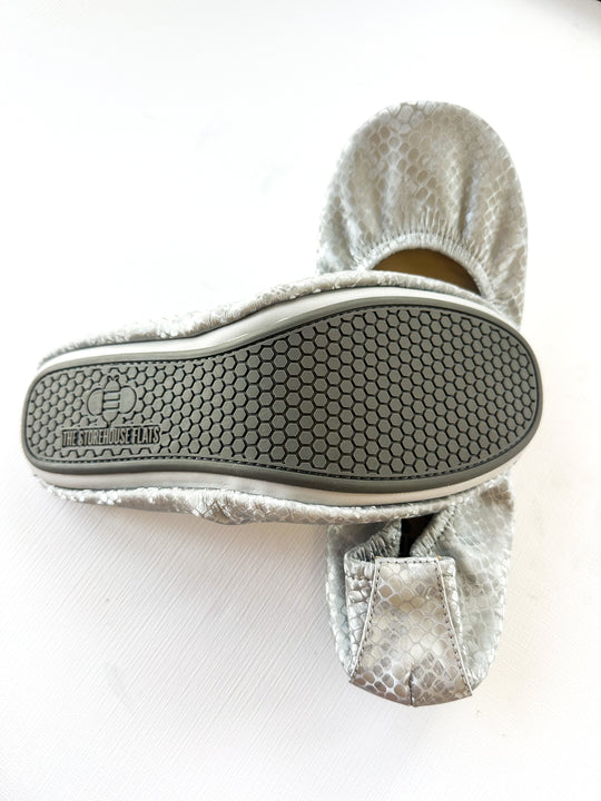 Dusty Snakes flats with hex grip tread sole and slip-on style