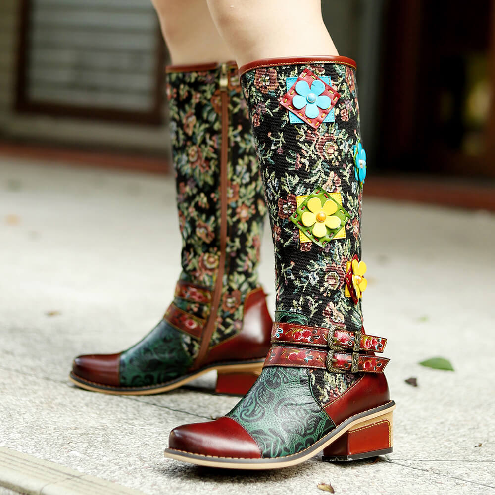 Tall floral boots with turquoise green panel, maroon toe and decorative flower details