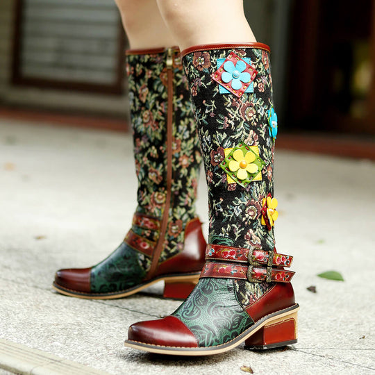 Tall floral boots with turquoise green panel, maroon toe and decorative flower details