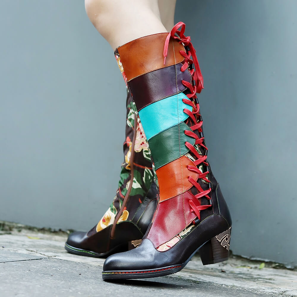 Color-block leather lace-up boots, multicolor stripes with red laces and mid heel