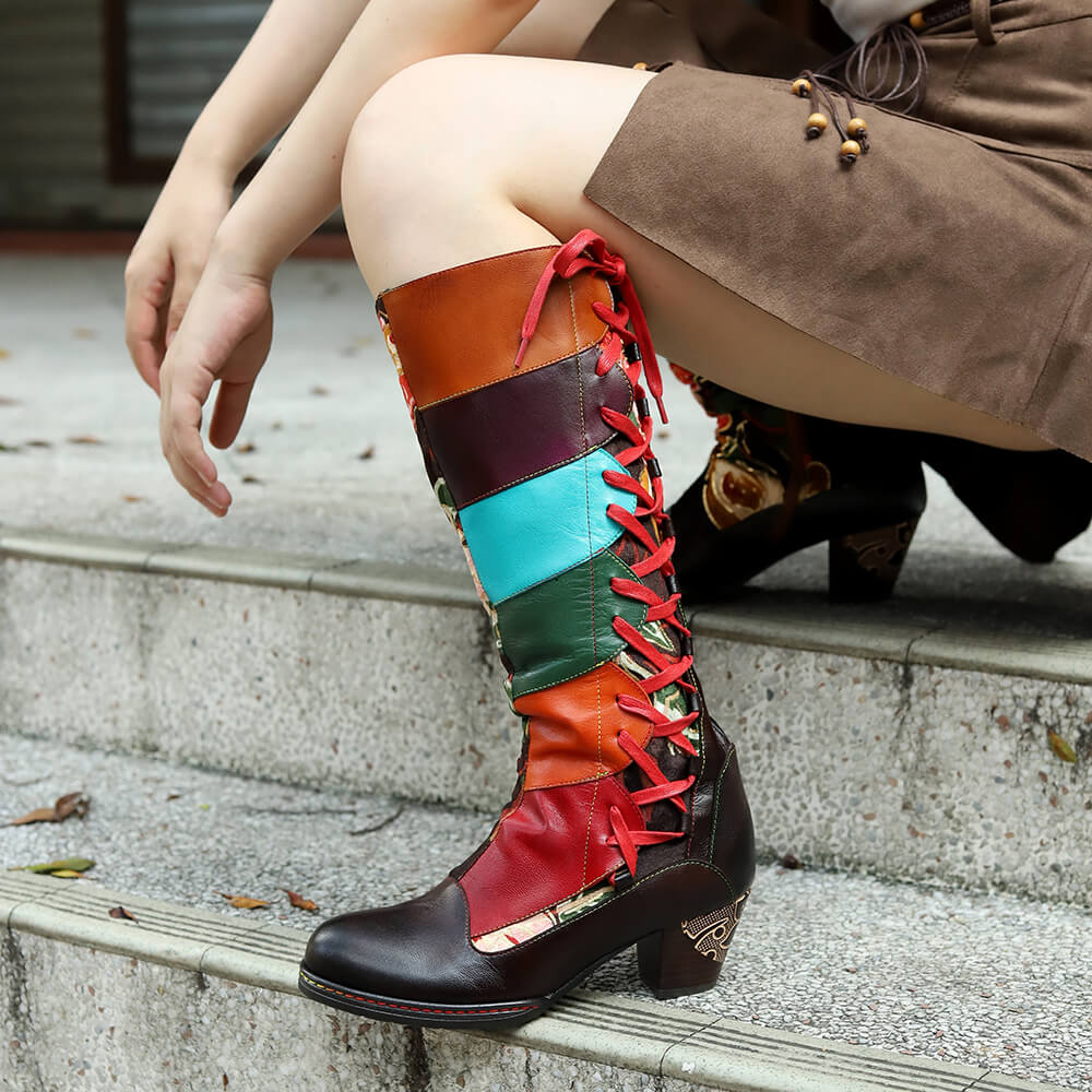 Multicolor leather lace-up boots with chunky heel and stitched panel design