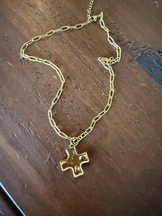 Chunky hammered cross pendant on gold-tone link necklace, waterproof style