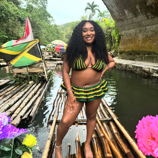 Crochet bikini set: triangle top and matching micro mini skirt in green and yellow stripes
