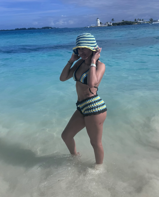 Mesh crochet bikini set with bucket hat: striped triangle top and matching shorts