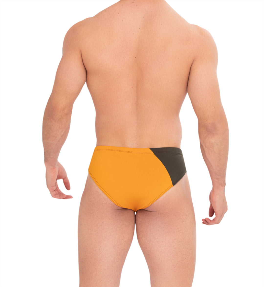 Back view swim briefs, orange main with dark triangular side sections