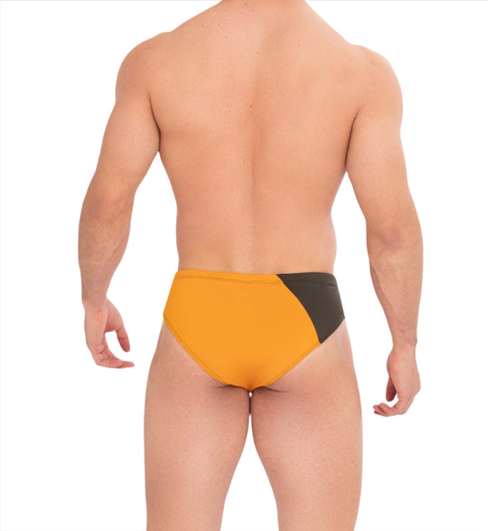 Back view swim briefs, orange main with dark triangular side sections