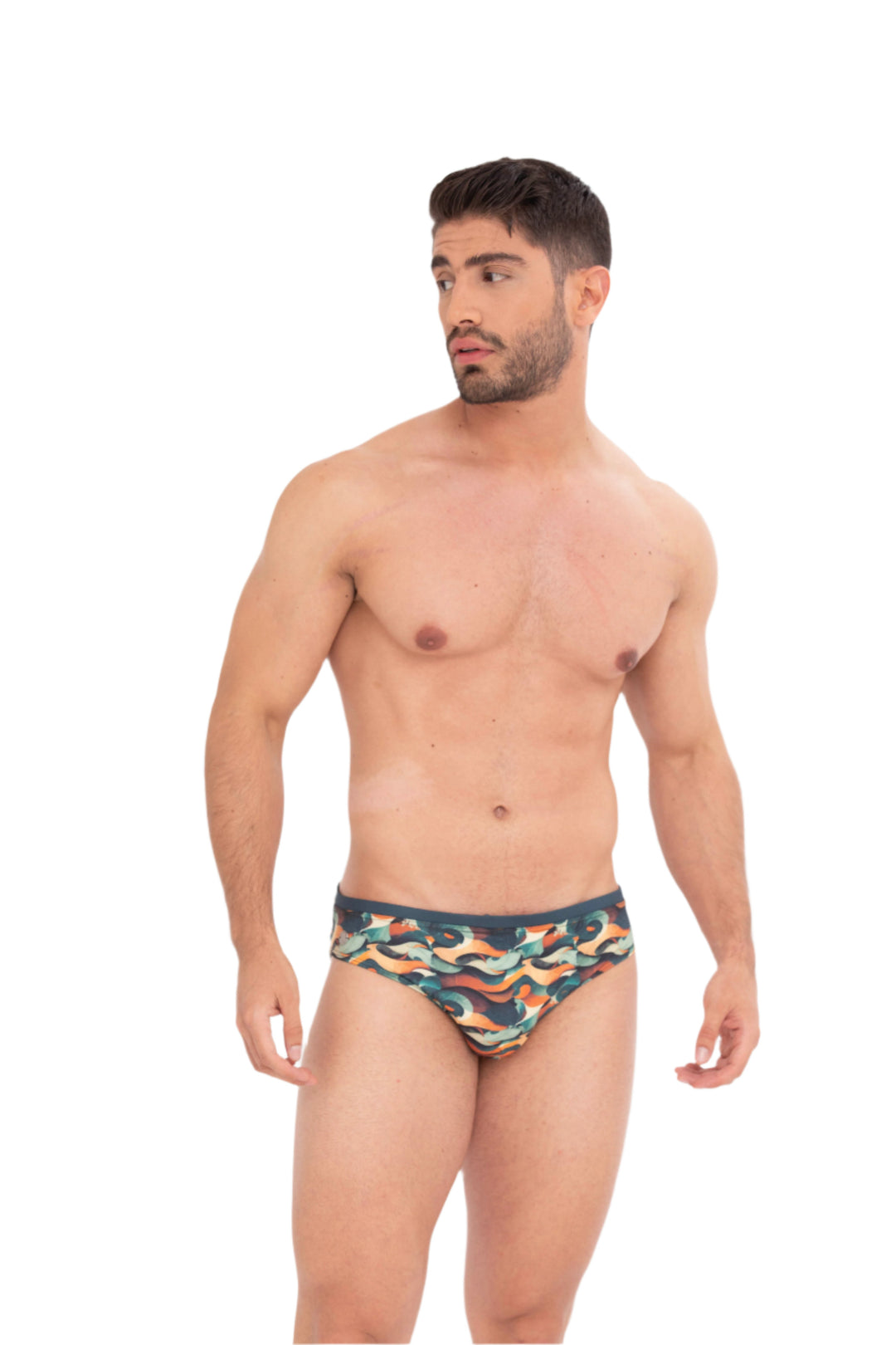 Classic swim brief with colorful wave camouflage print, dark waistband, front worn