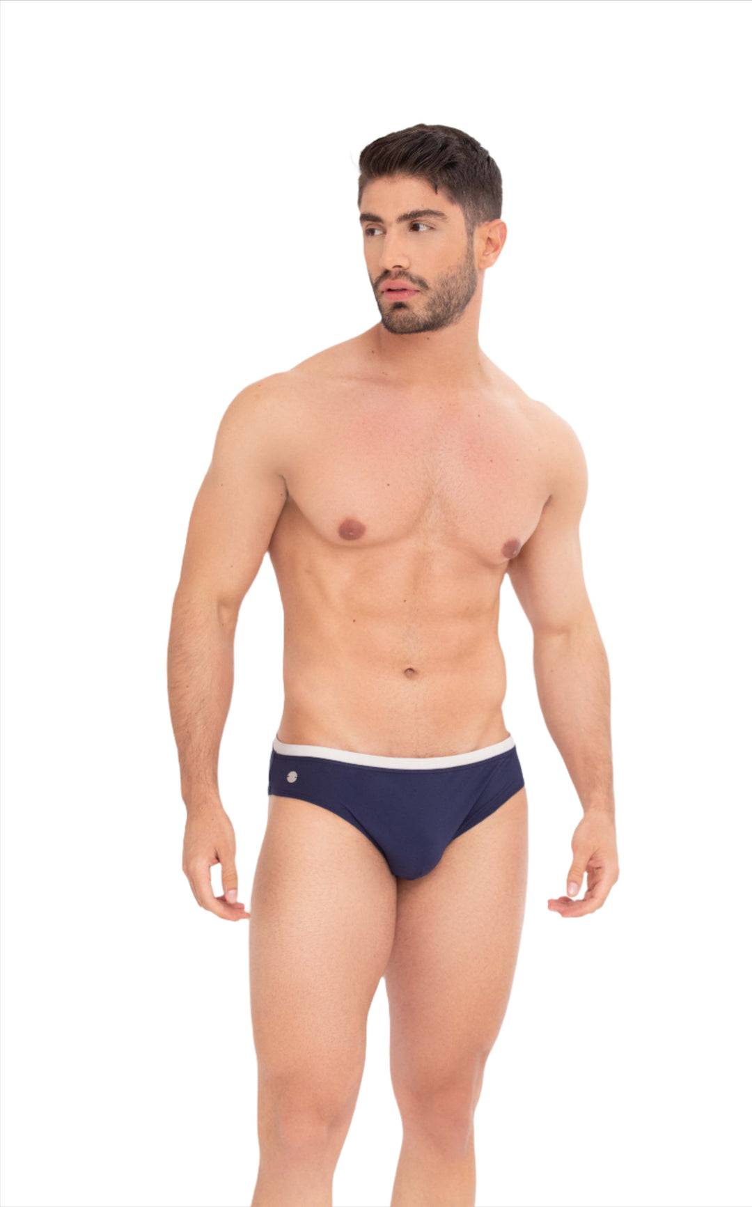 Classic swim brief in midnight blue with white waistband