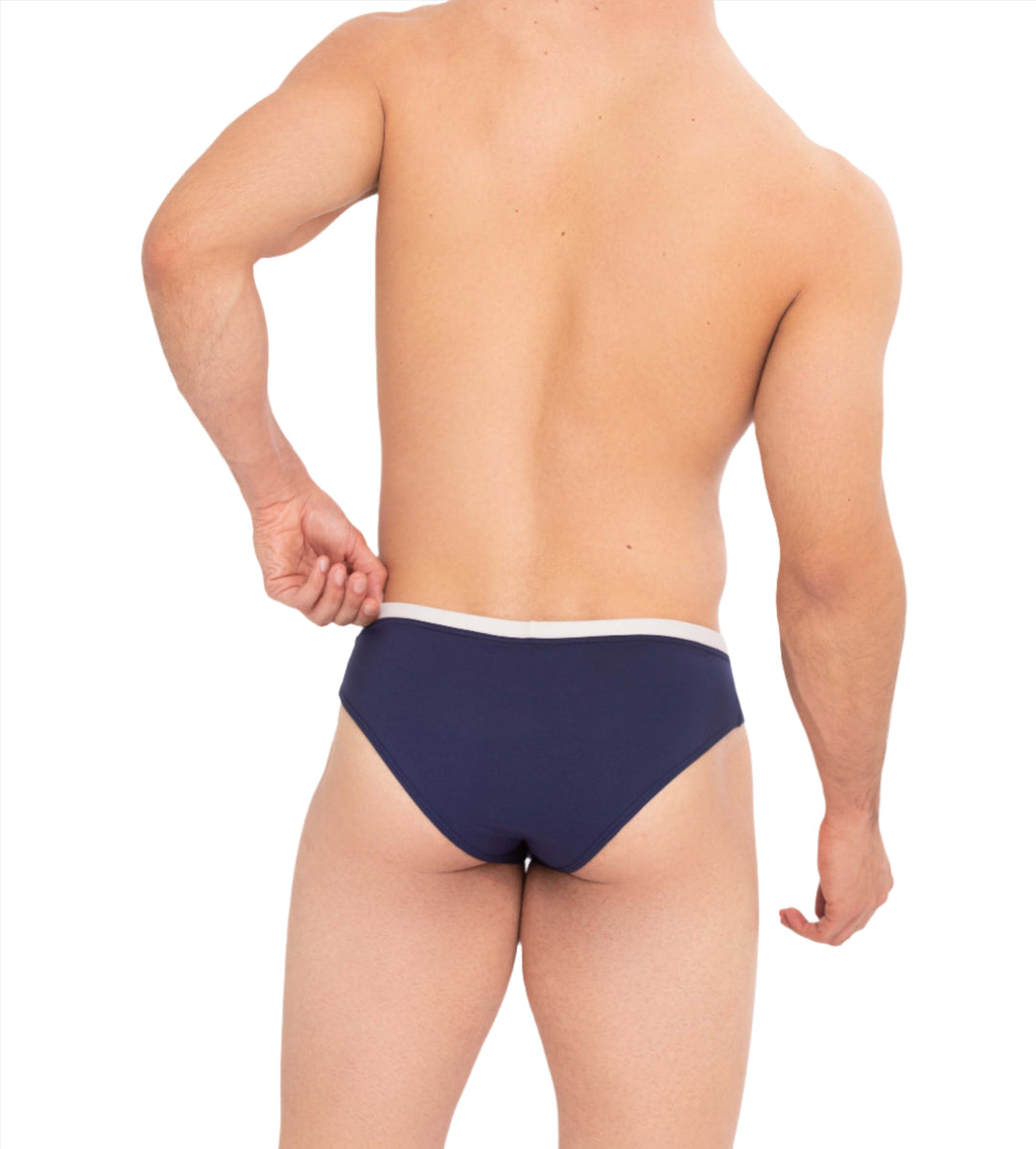 Back view: midnight blue swim brief with white waistband
