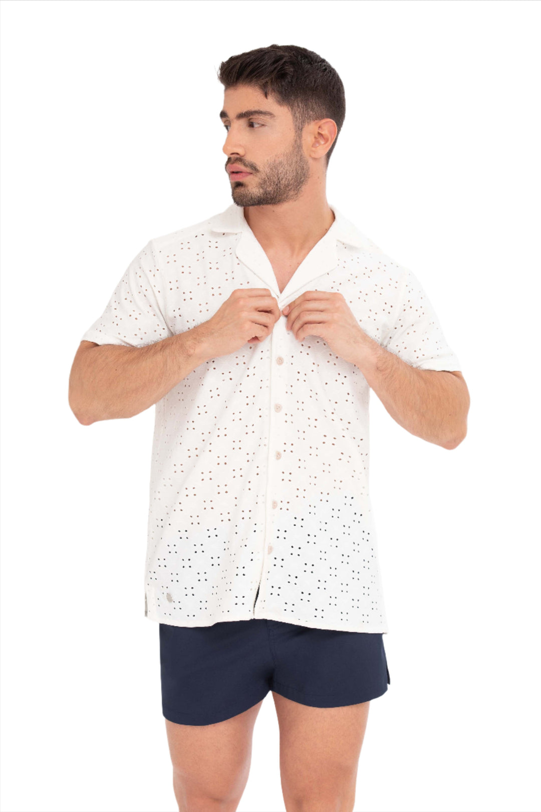 Restless Shirt with English embroidery, off-white button front and open collar
