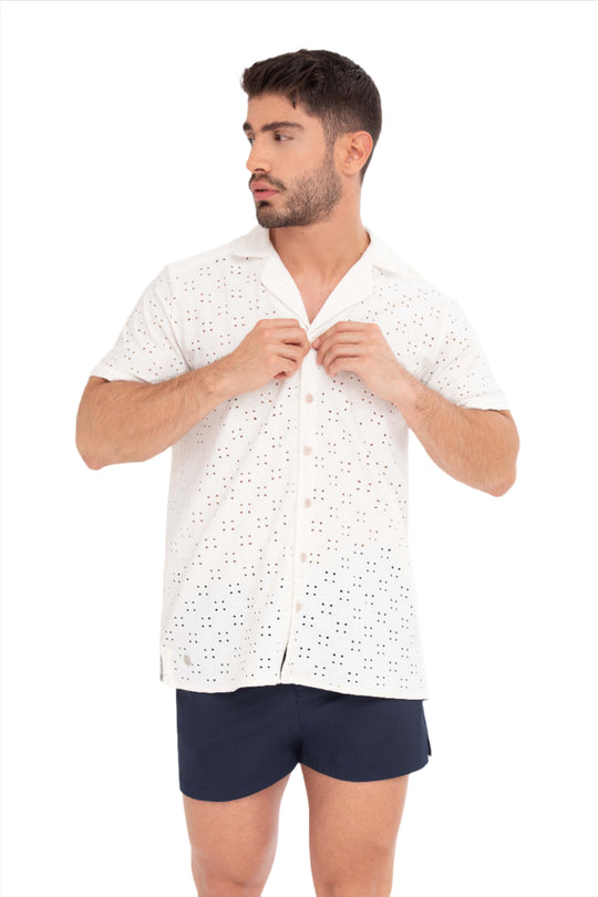 Restless Shirt with English embroidery, off-white button front and open collar