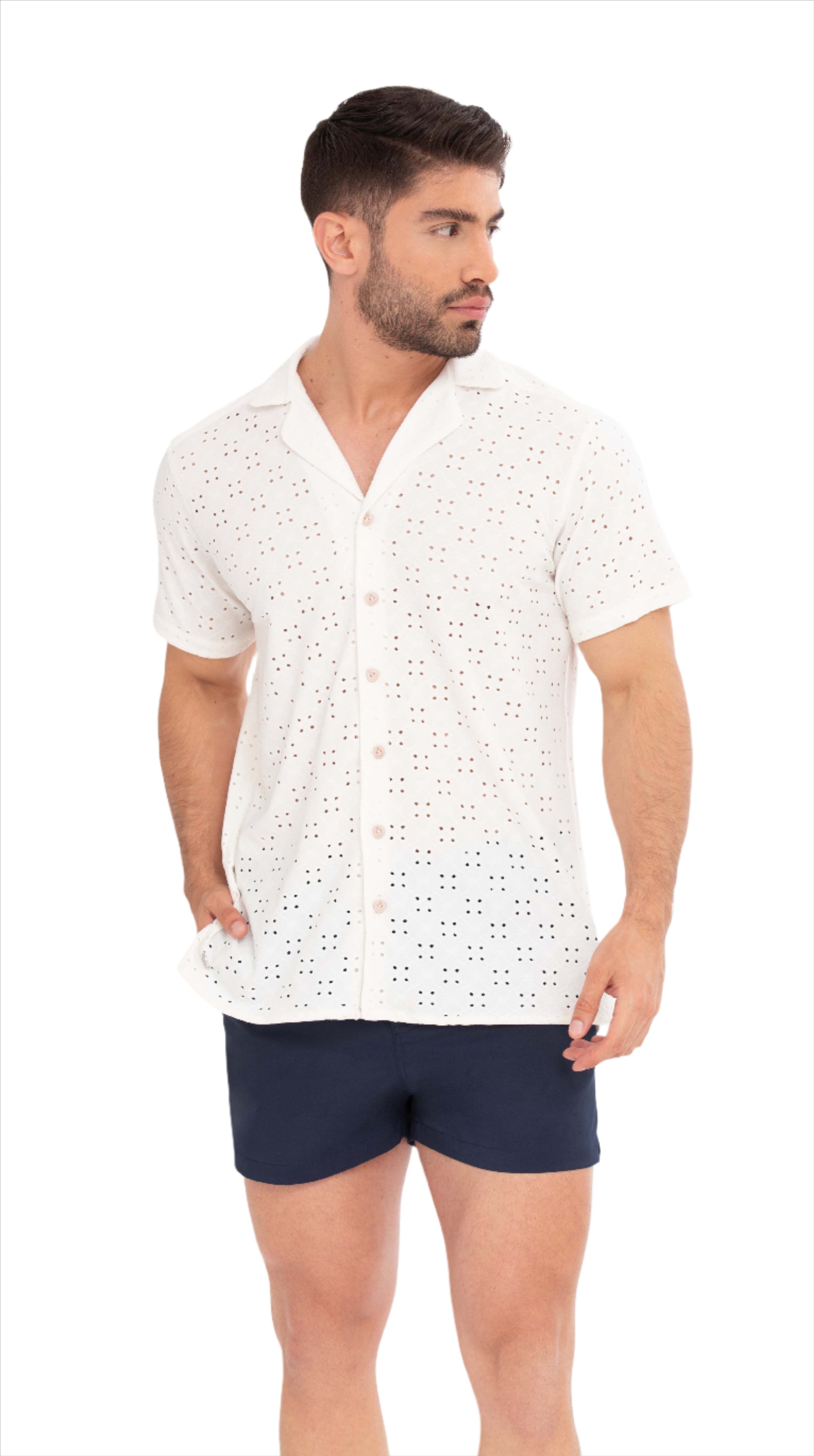 Restless Shirt with English embroidery, off-white short-sleeve button-up