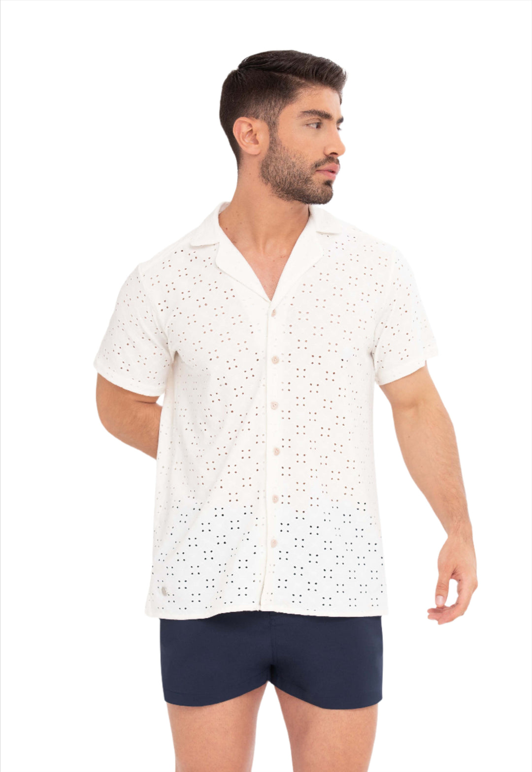 Off-white short-sleeve Restless Shirt with scattered English embroidery pattern