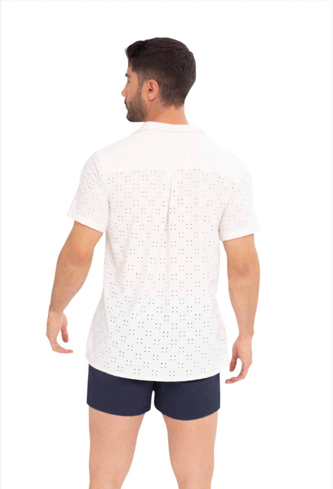Back view of off-white Restless Shirt with scattered English embroidery