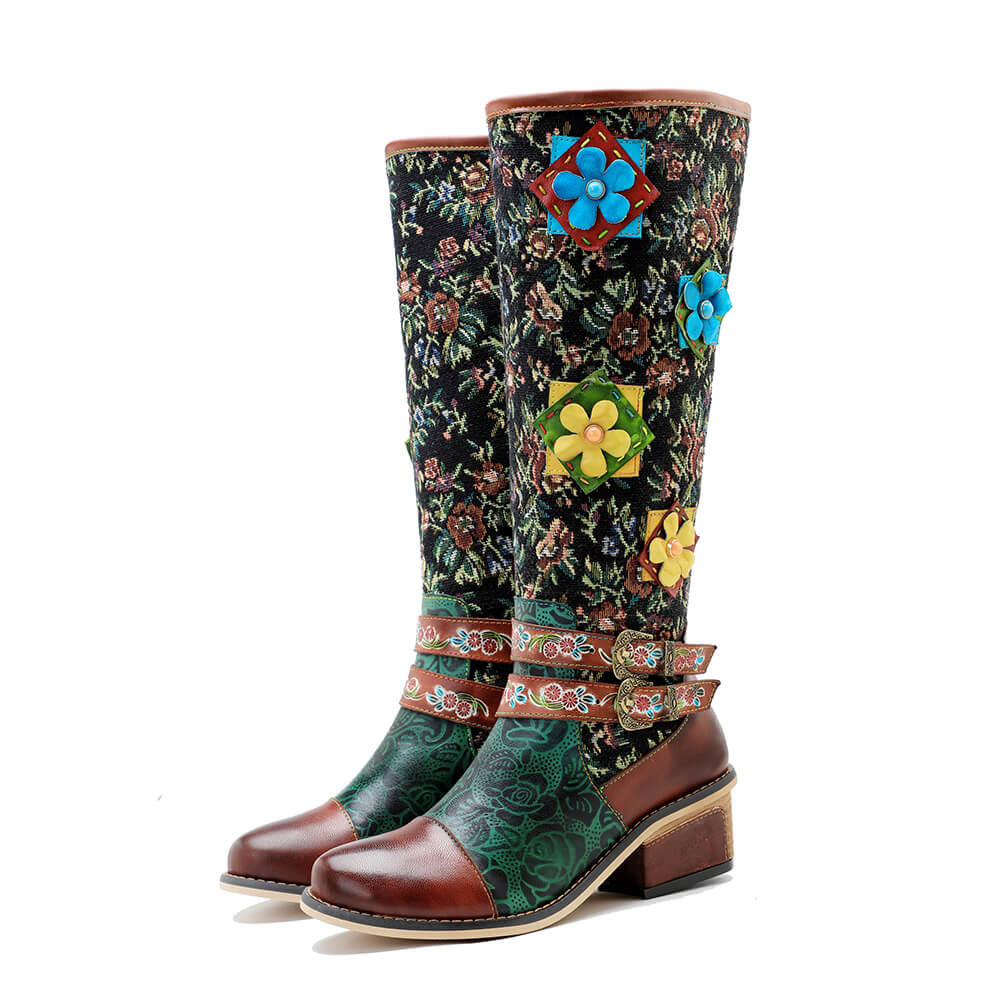 Handmade floral tall boots with colorful 3D flower appliqués and block heel