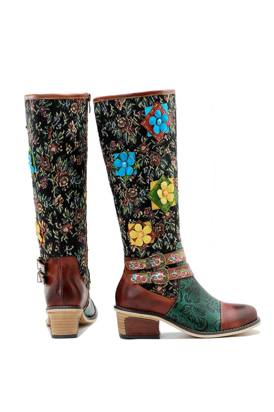 Profile view tall boots with maroon leather toe, green patterned side panels, block heel