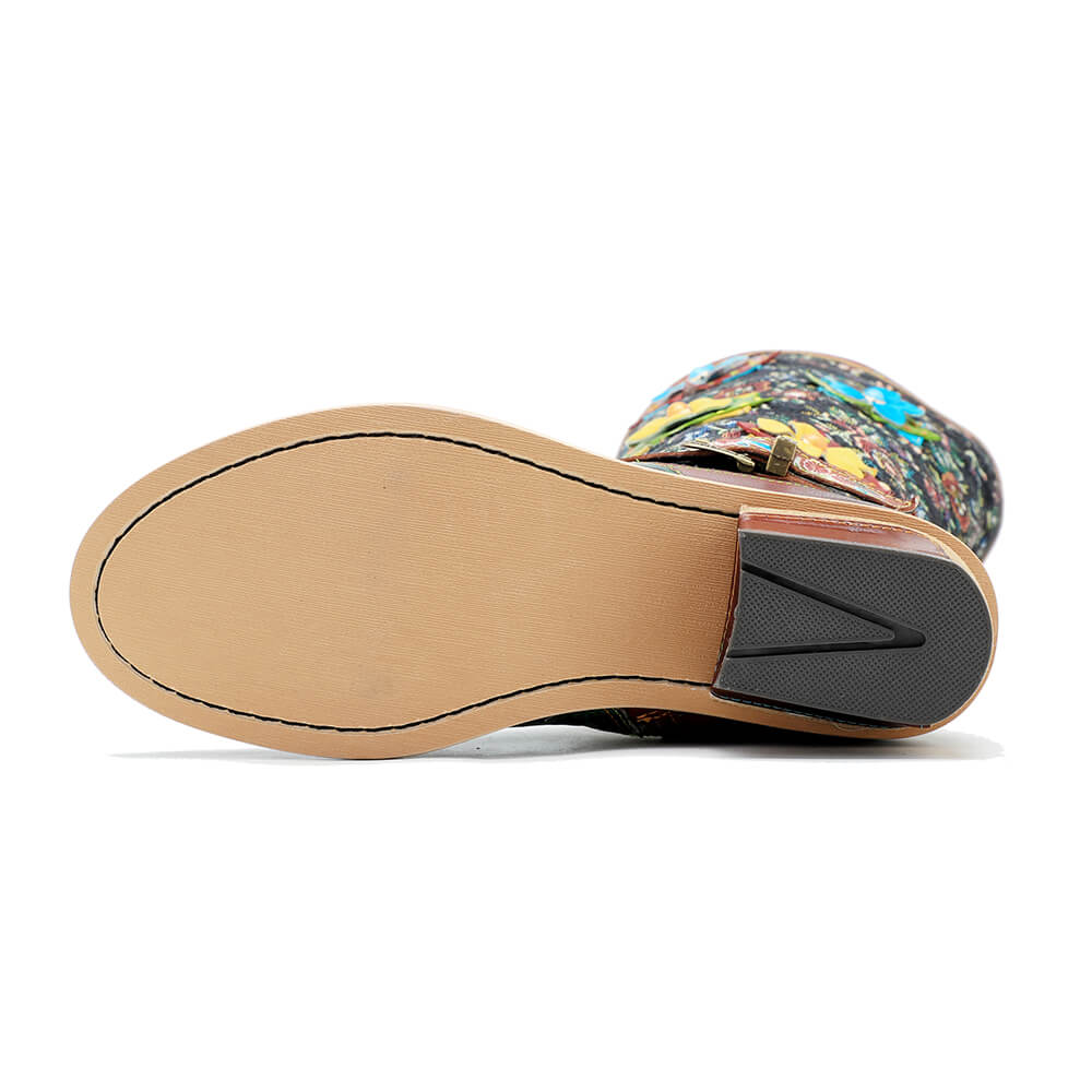 Outsole view of multicolor floral ankle boots with textured rubber heel