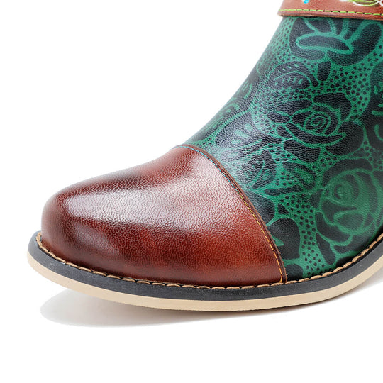 Handmade floral ankle boots, brown toe cap with green floral side panel