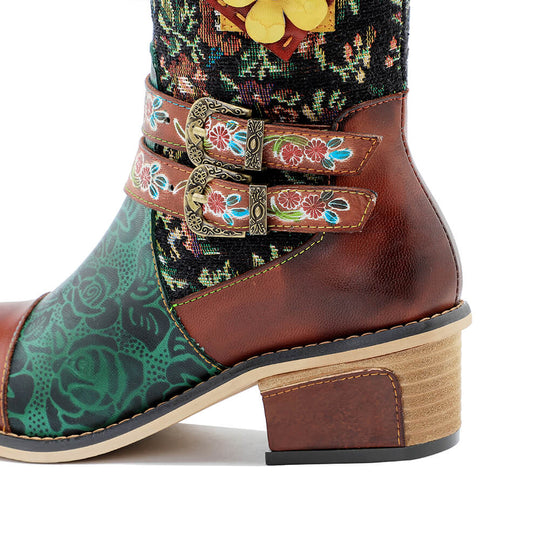 Colorstepshoes floral ankle boots with decorative straps and buckle details, brown heel