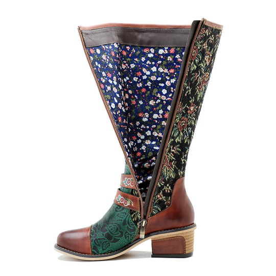 Tall boots with zipper closure, floral lining, maroon toe, green patterned side panel