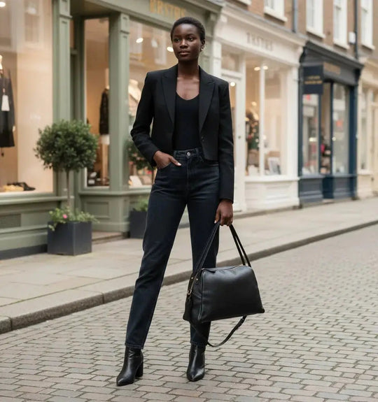 THE FRANCES slouchy tote negro de cuero con asa superior y cierre con cremallera