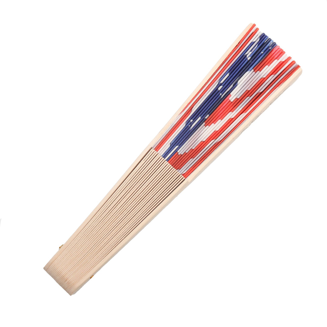 Closed fan with blue star section and red-white striped fabric wrap