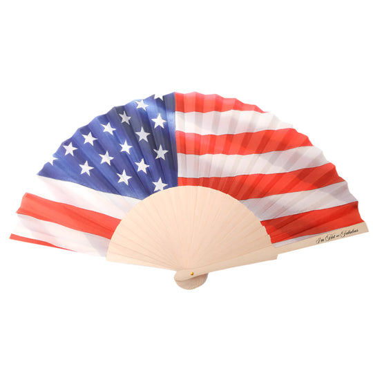 America Hand Fan with US stars and red stripes, beige folding fan