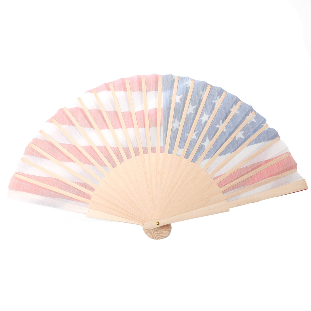 Star-and-stripe hand fan in pink, blue, and white on beige frame
