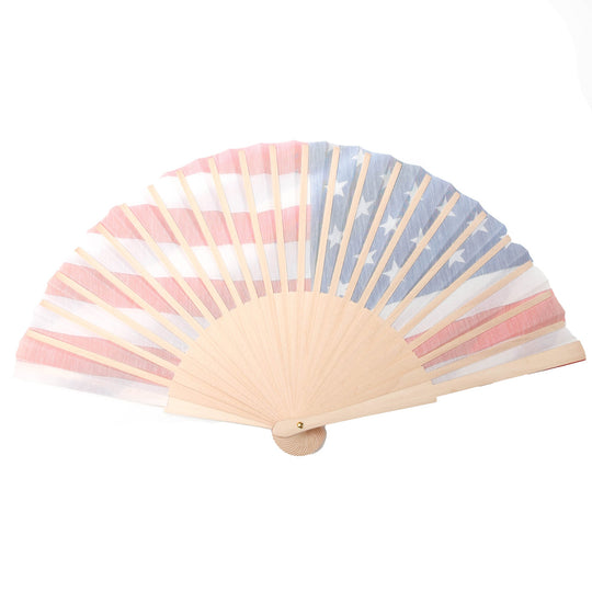 Star-and-stripe hand fan in pink, blue, and white on beige frame