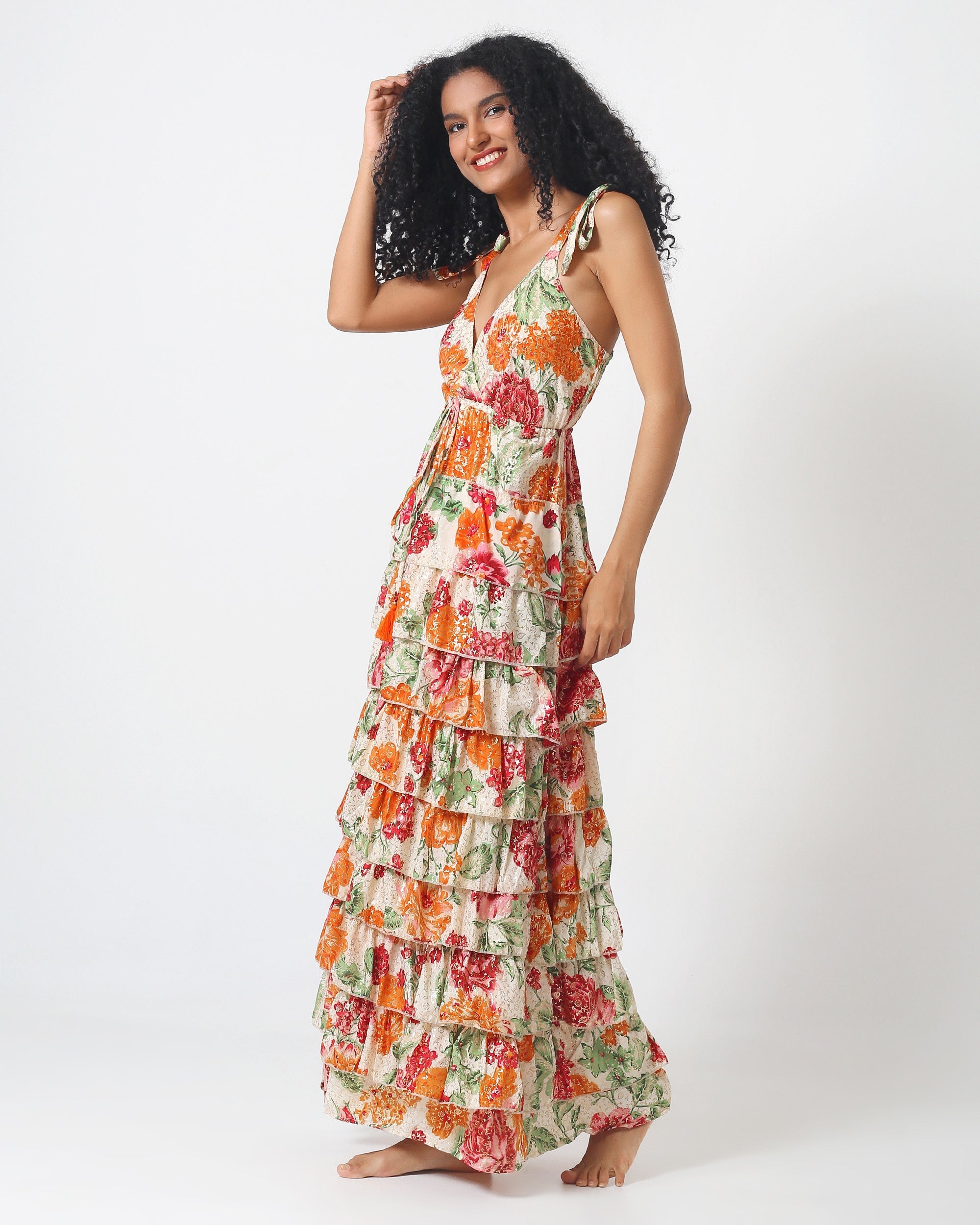 Ithaca Dress floral tiered ruffle maxi with V-neck and tie waist, sleeveless