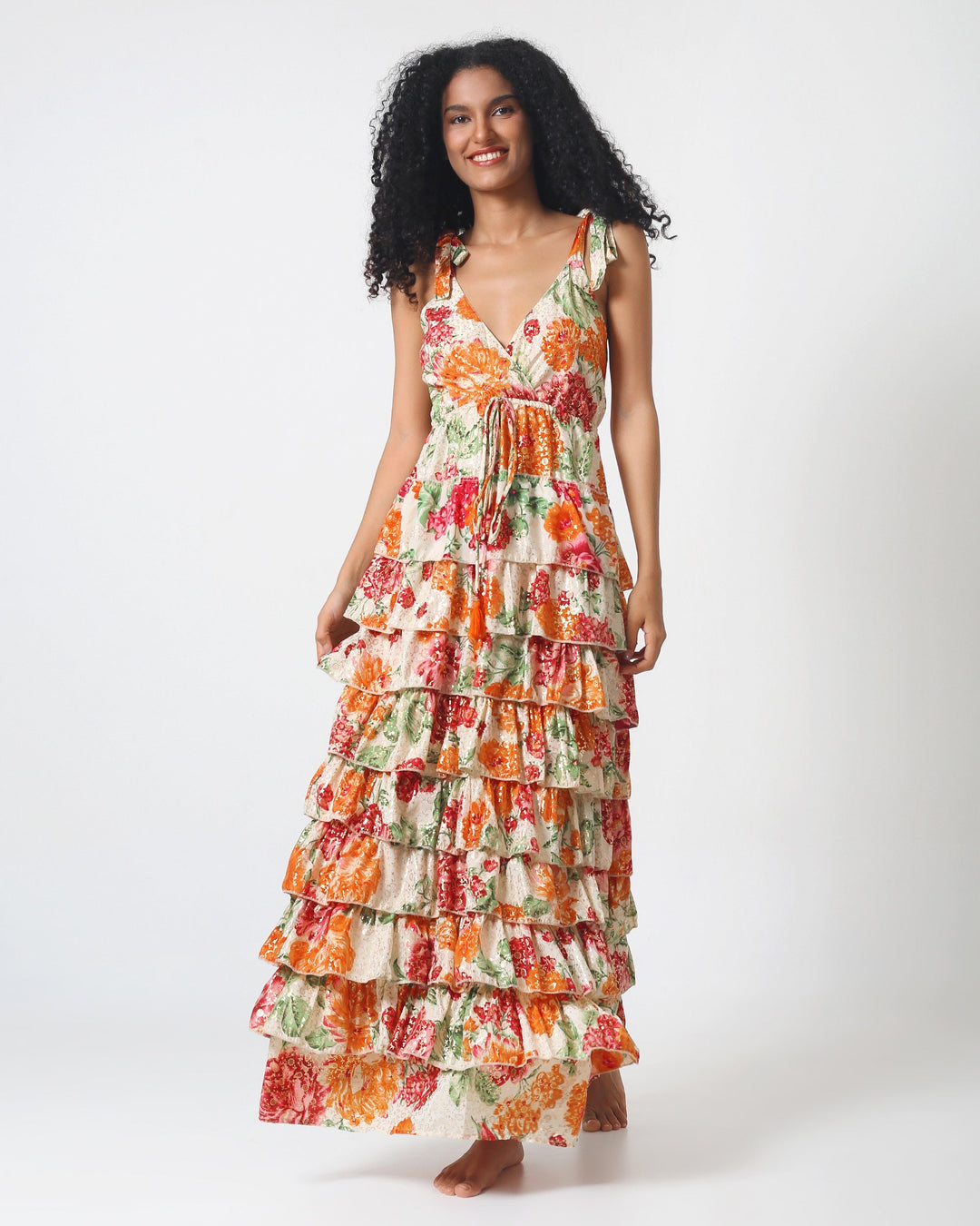 Ithaca Dress front view: sleeveless V-neck maxi with tiered ruffles and drawstring
