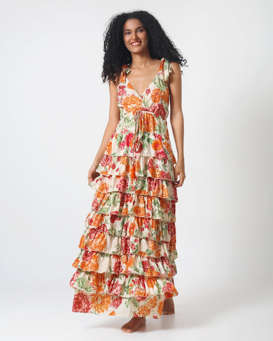 Ithaca Dress front view: sleeveless V-neck maxi with tiered ruffles and drawstring