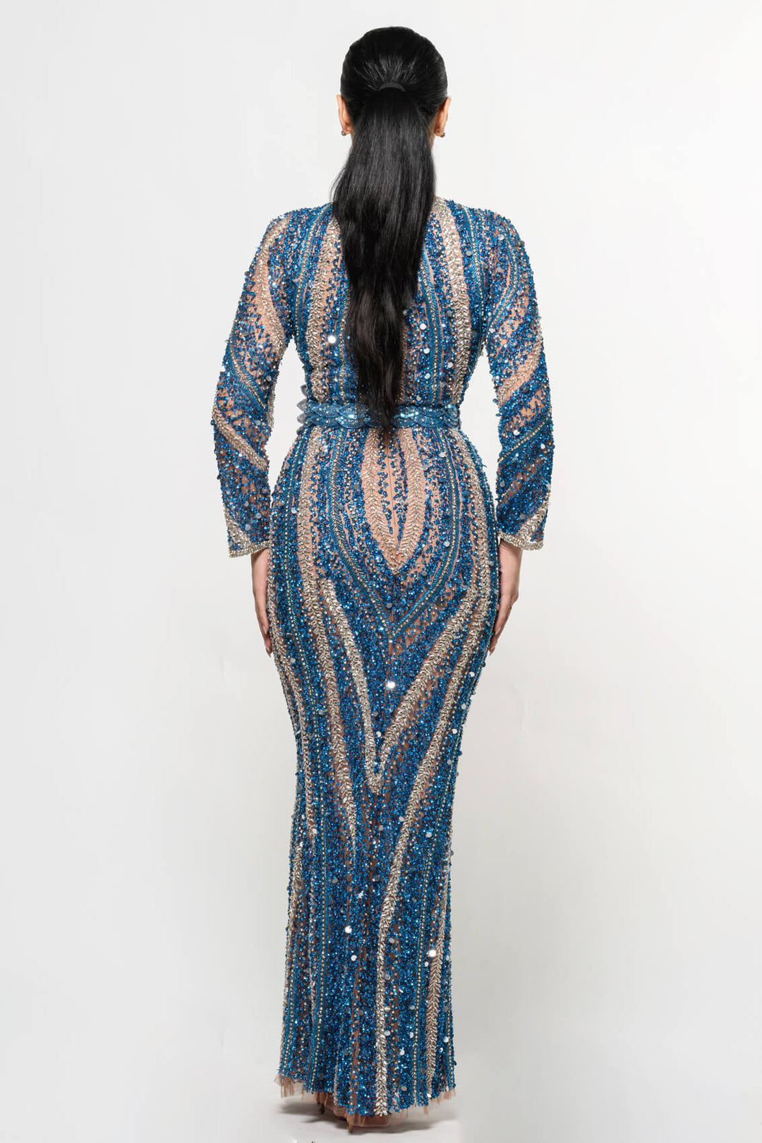 Mariam Long Sleeve Beaded Dress (Blue) back view, long maxi with striped beadwork.
