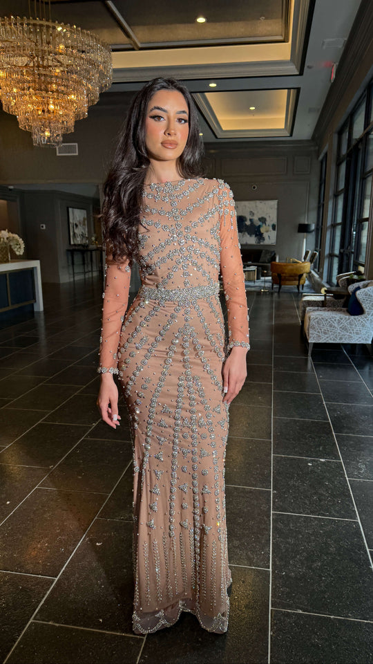 Kendall long-sleeve beaded dress, nude/silver, round neckline, fitted column