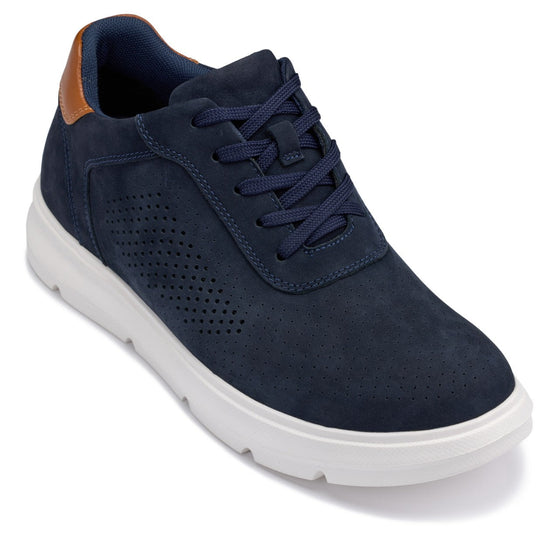 Navy suede lace-up casual walker with perforated toe and white rubber sole