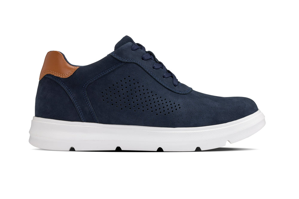Navy low-top casual walker with lace closure, perforations, tan collar accent, white sole