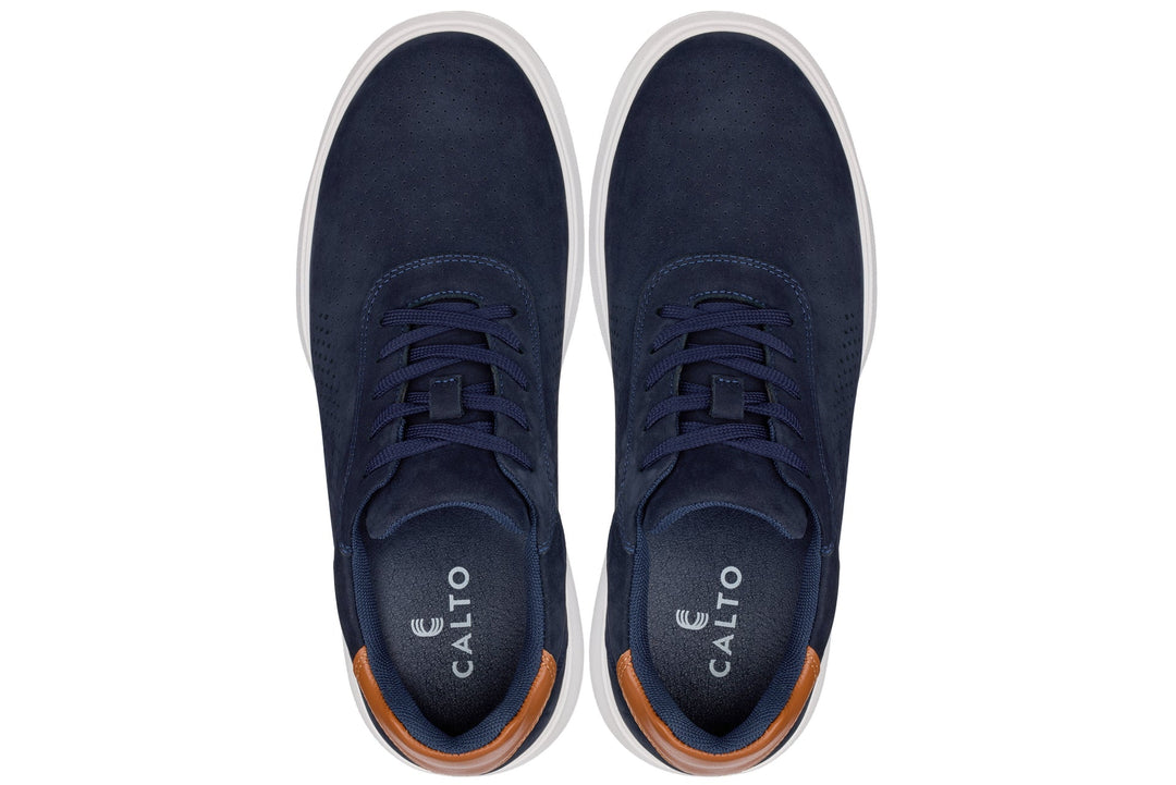 Navy lace-up walkers with CALTO branding on tongue, tan collar, white trim