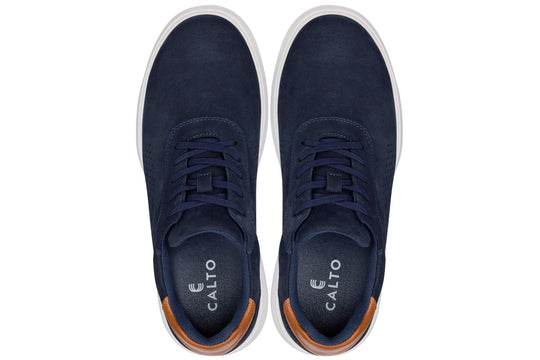 Navy lace-up walkers with CALTO branding on tongue, tan collar, white trim