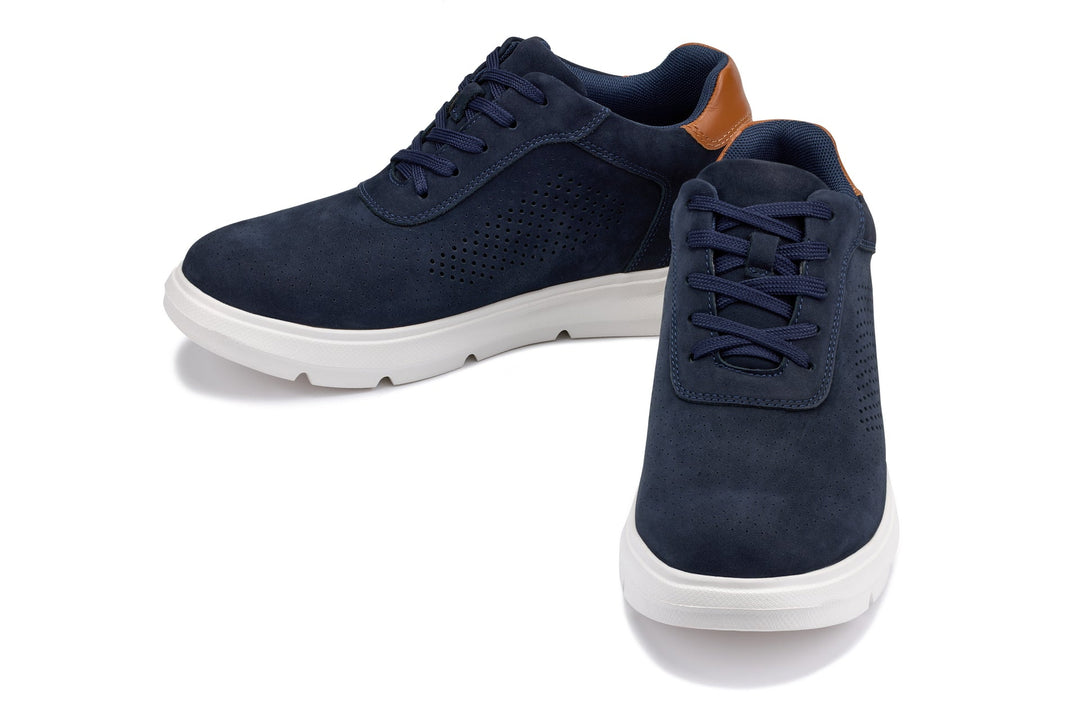 Navy lace-up casual walker with perforated upper and tan heel collar on white sole