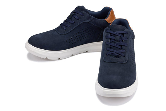 Navy lace-up casual walker with perforated upper and tan heel collar on white sole