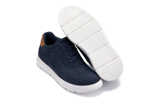 Navy lace-up walker with textured tread shown on white rubber outsole