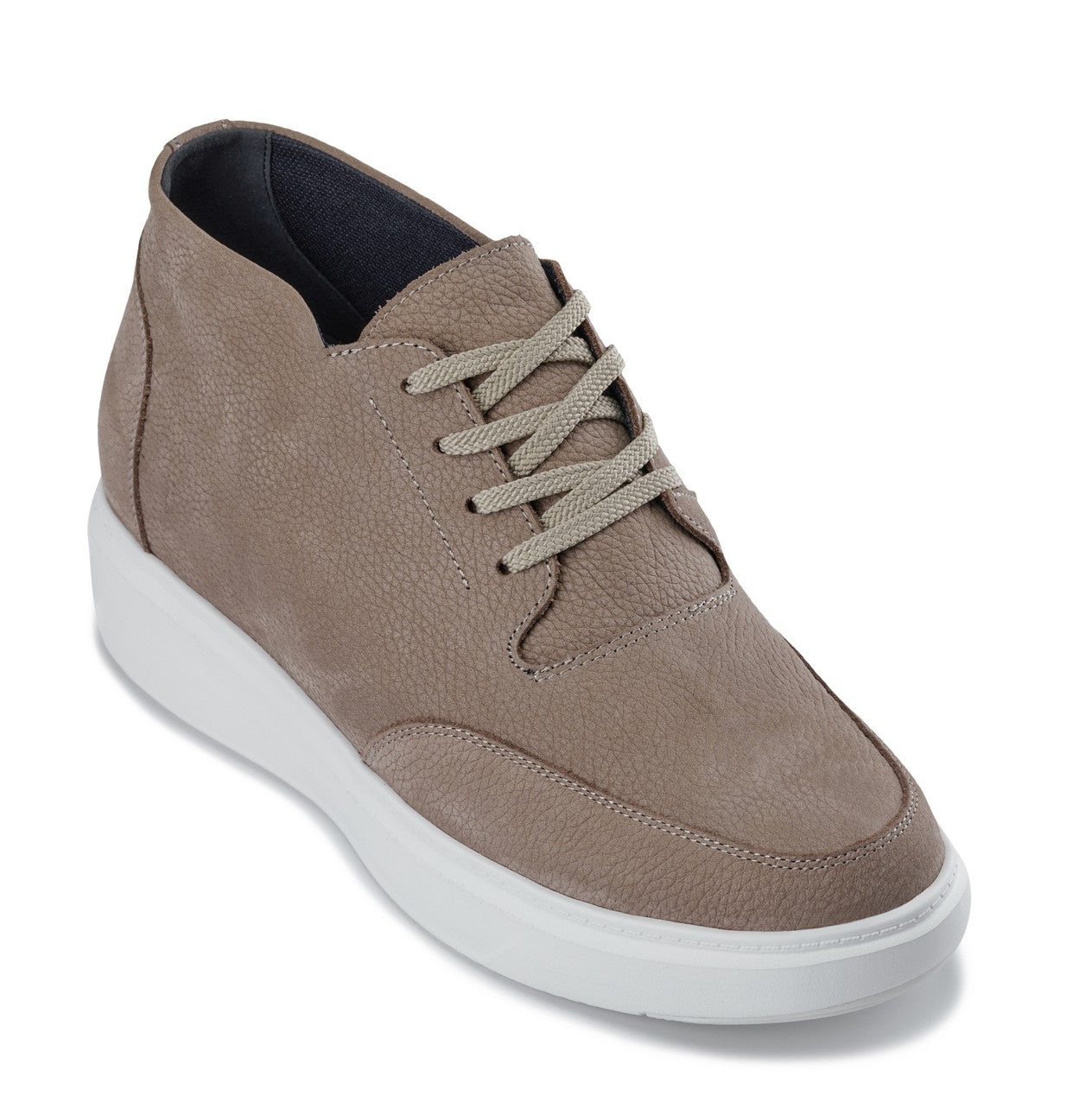Khaki lace-up boot with pebbled leather texture and chunky white sole