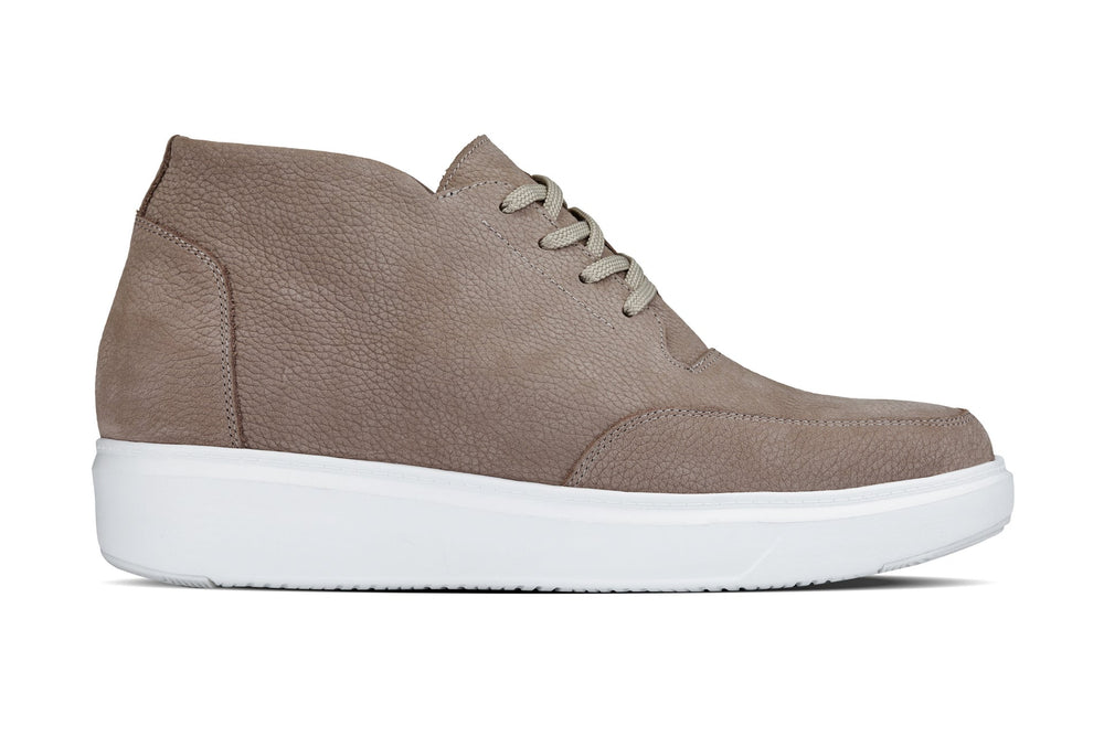 Khaki side view lace-up boots with thick white midsole and textured upper
