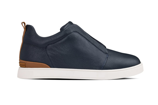 Navy slip-on sneaker with elastic gore panel and white rubber sole