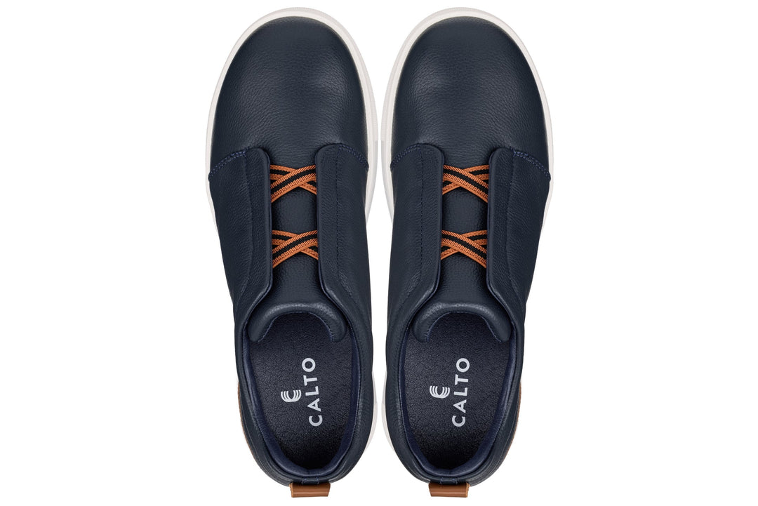 Navy slip-on sneakers with orange lace-look detail and CALTO logo on insole