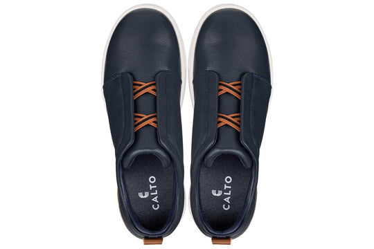 Navy slip-on sneakers with orange lace-look detail and CALTO logo on insole