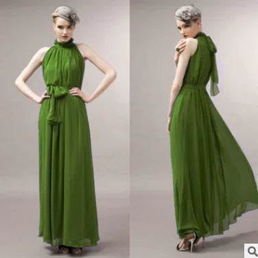 Bohemian Halter-Neck Maxikleid aus Chiffon, dunkelgrün, hinten drapiert und vorn gerafft