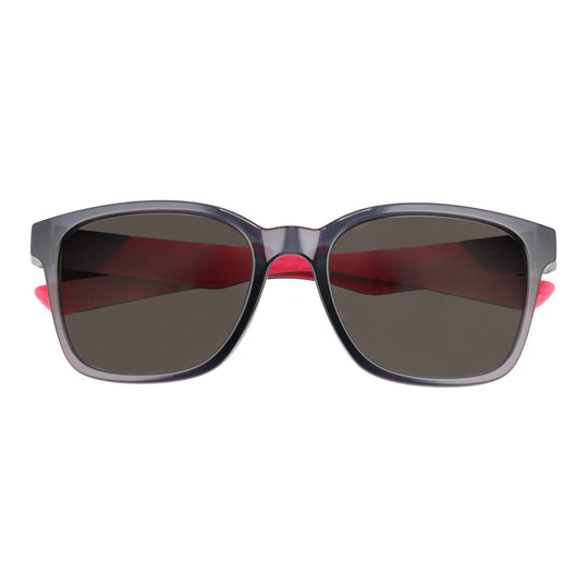 Grey golf sunglasses with dark lenses and red center bridge detail