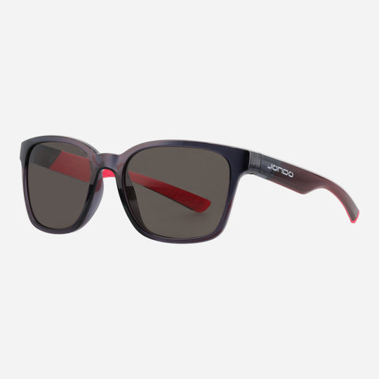 Purple golf sunglasses, dark lenses, red accent bar on each lens
