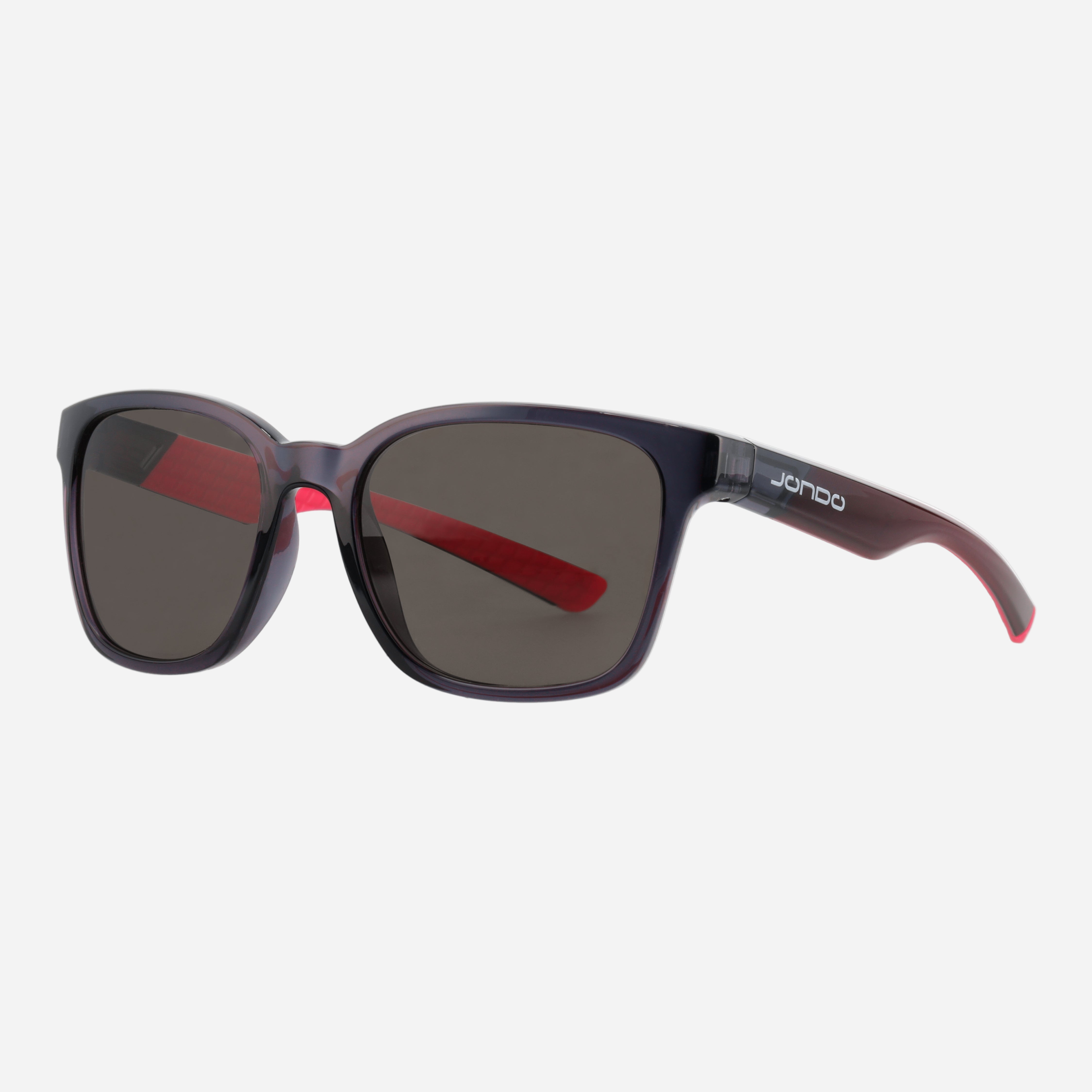 Purple golf sunglasses, dark lenses, red accent bar on each lens